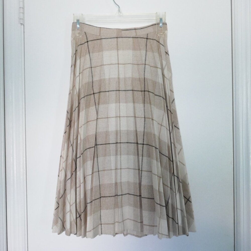 vintage 70s a-line high waist pleated brown plaid midi skirt size S